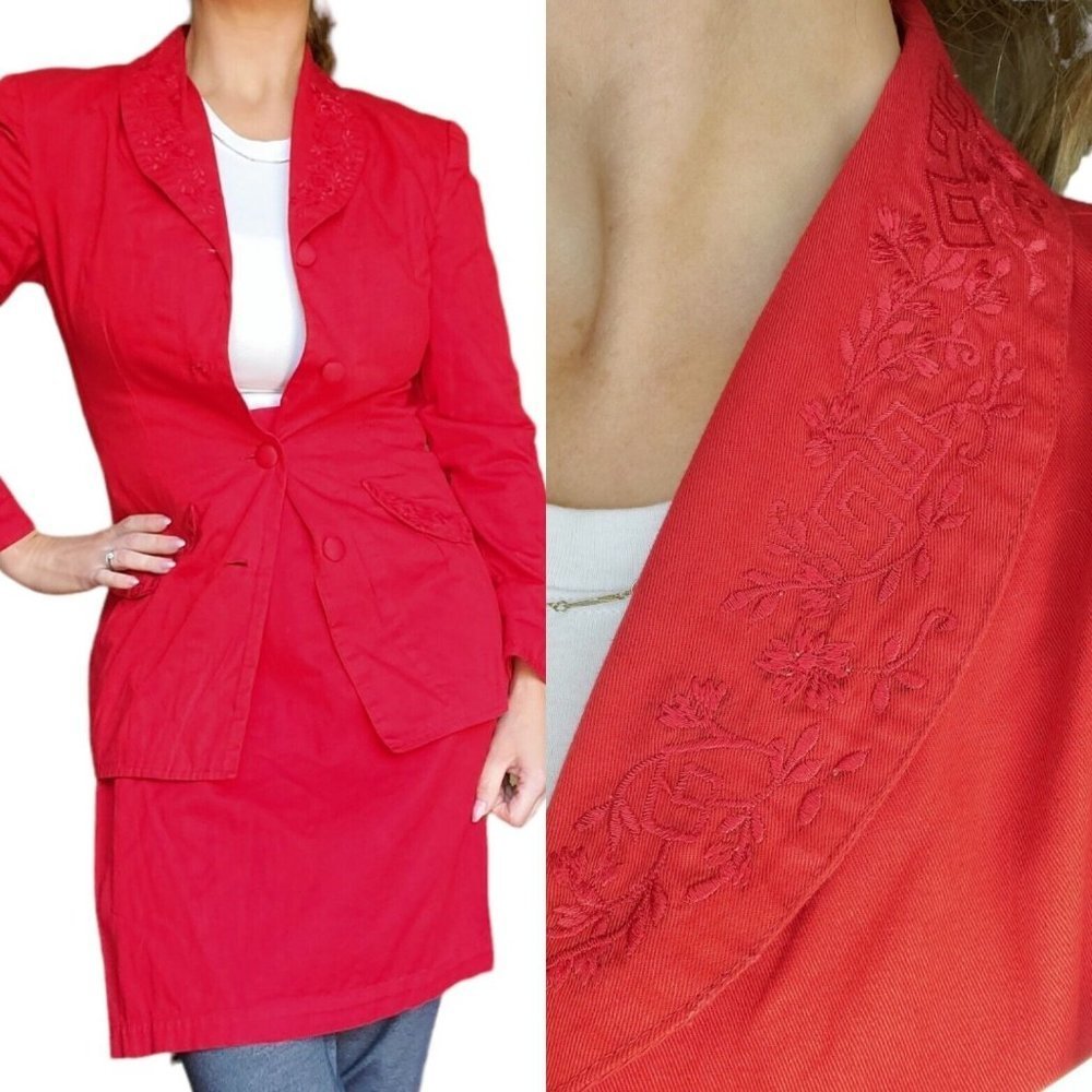80s Red Skirt Suit Set XS Outfit Cotton Embroidered Collar High Waisted India‎